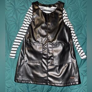 Tahari Black Faux Leather Dress with Striped Accents